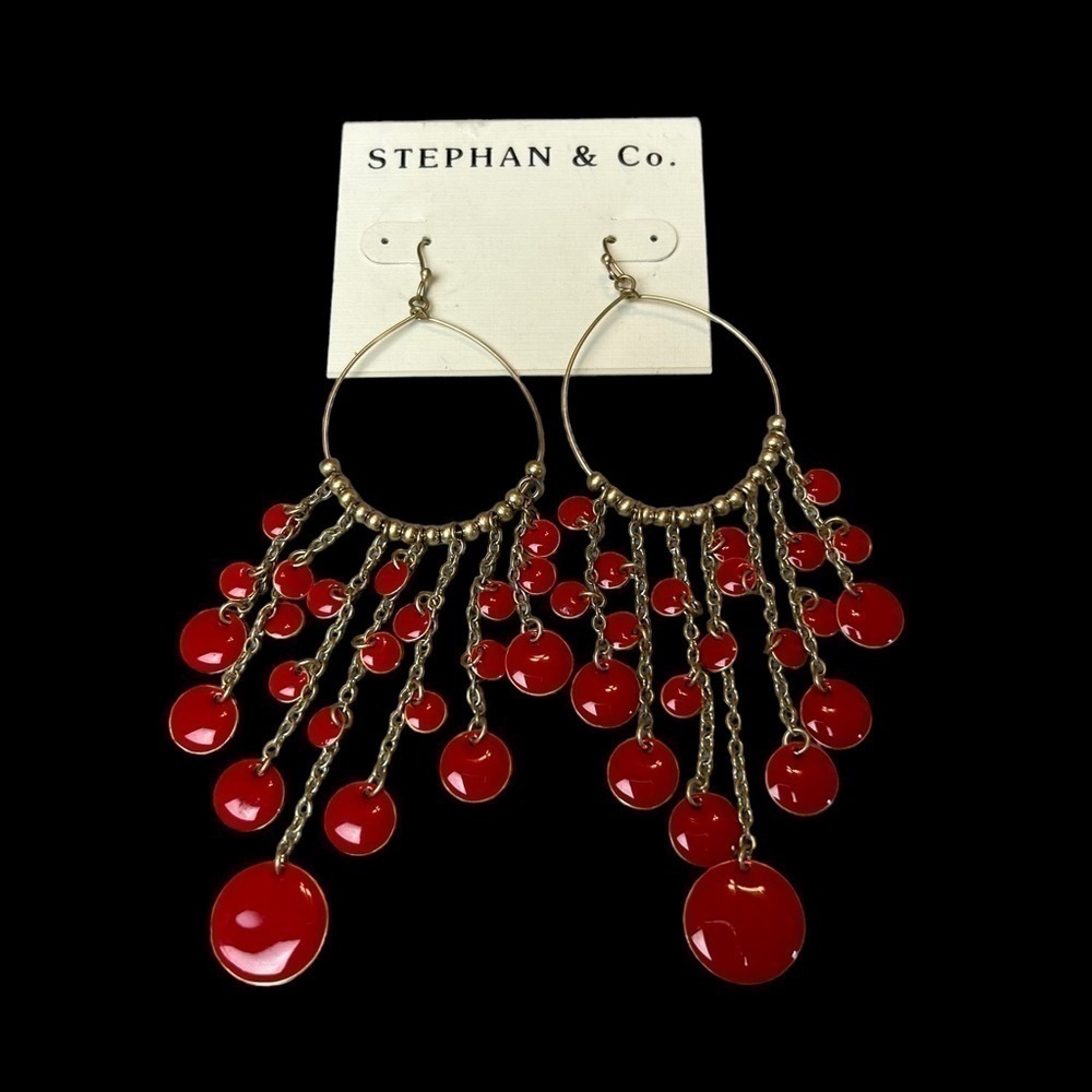 Stephan & Co. Red & Gold Hoop & Hook Drop Dangle Earrings - Picture 8 of 9